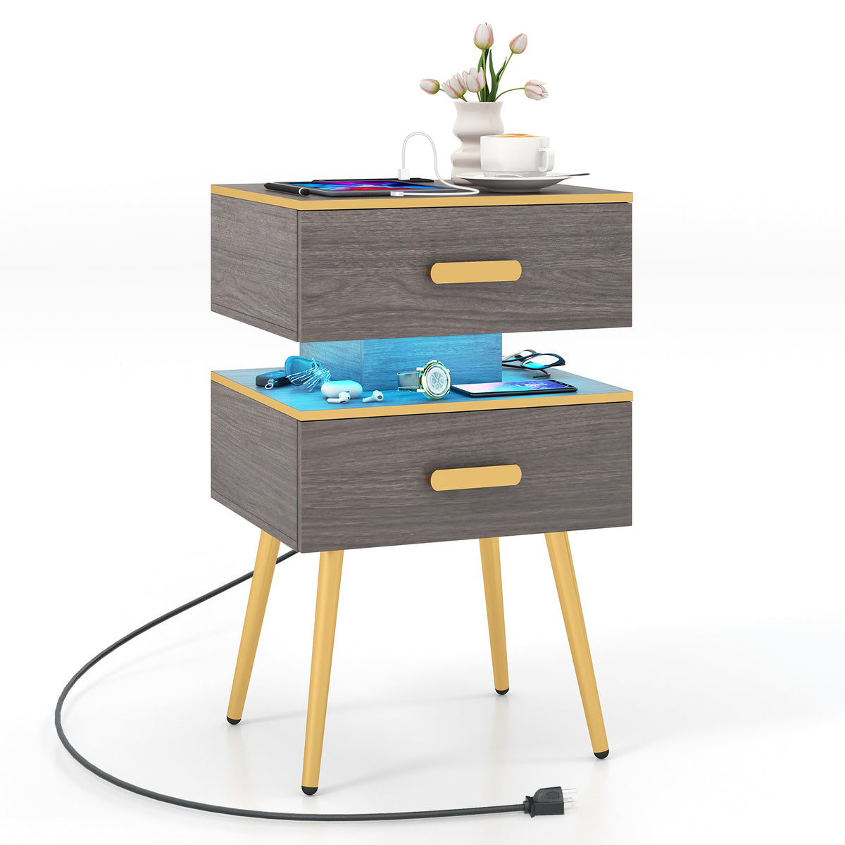Nightstand with Charging Station, 2 Drawers & LED Lights - Gray