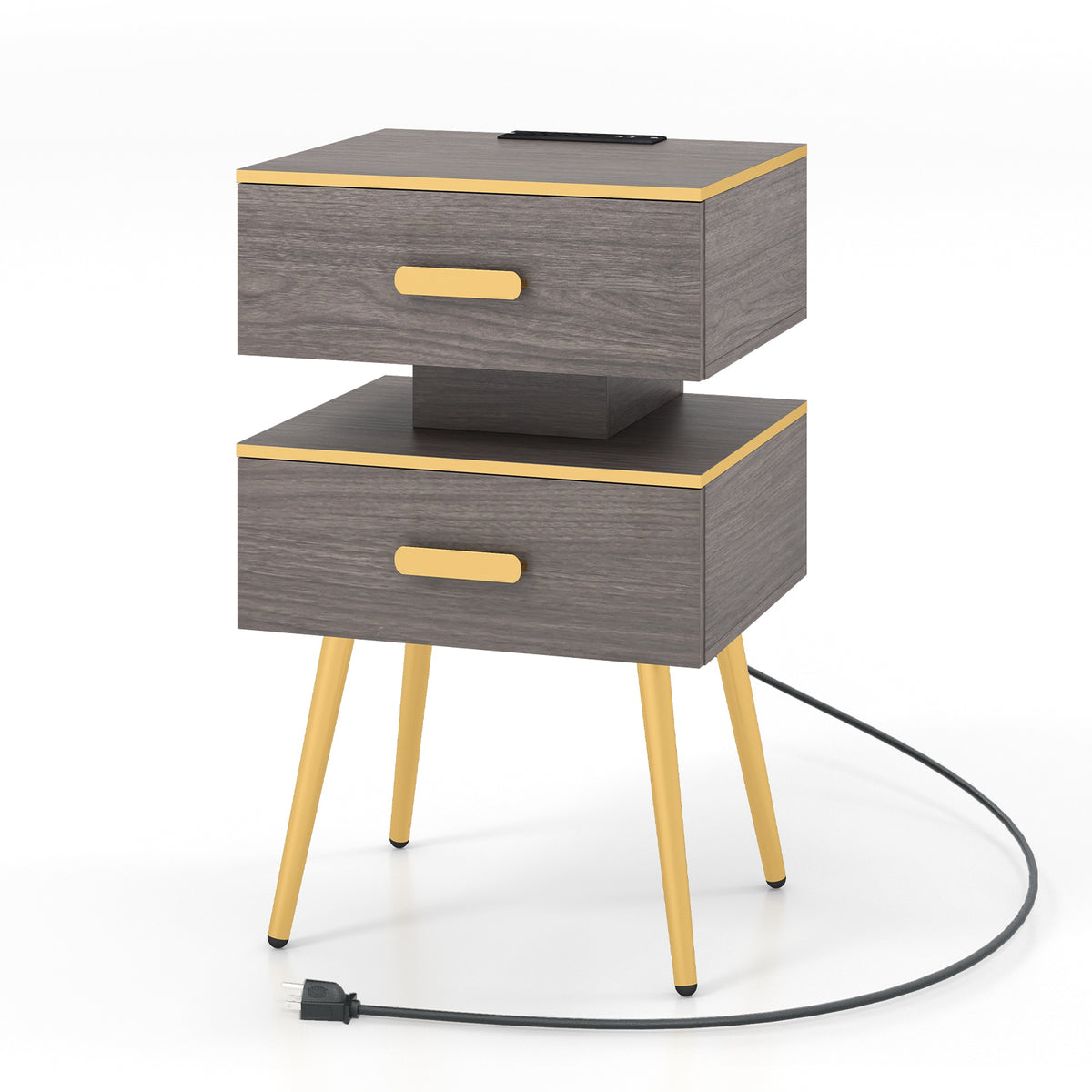 Nightstand with Charging Station, 2 Drawers & LED Lights - Gray