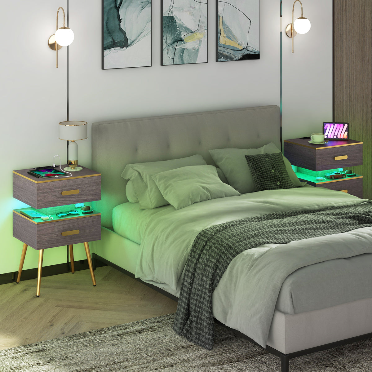 Nightstand with Charging Station, 2 Drawers & LED Lights - Gray