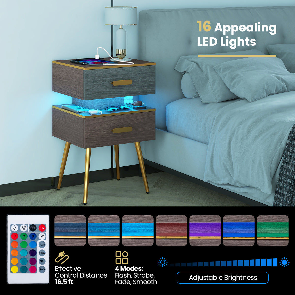 Nightstand with Charging Station, 2 Drawers & LED Lights - Gray