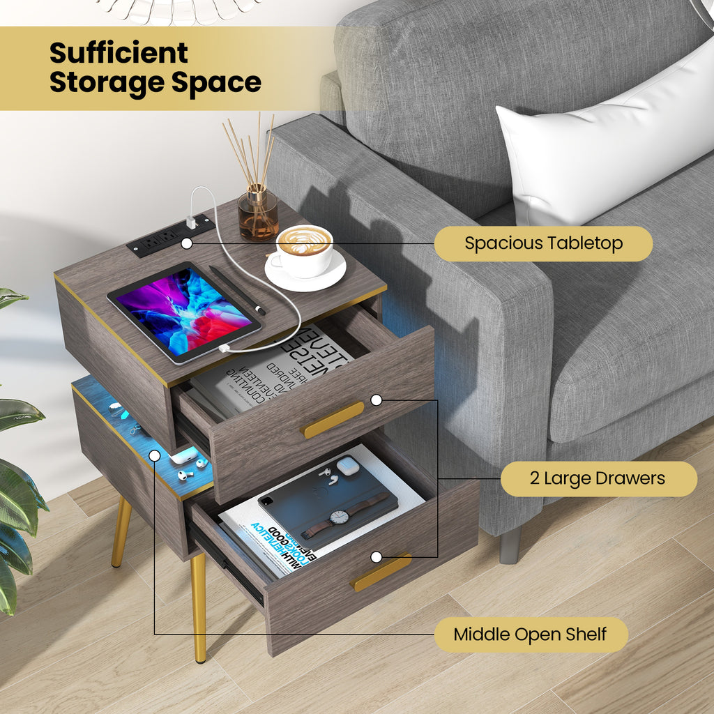 Nightstand with Charging Station, 2 Drawers & LED Lights - Gray