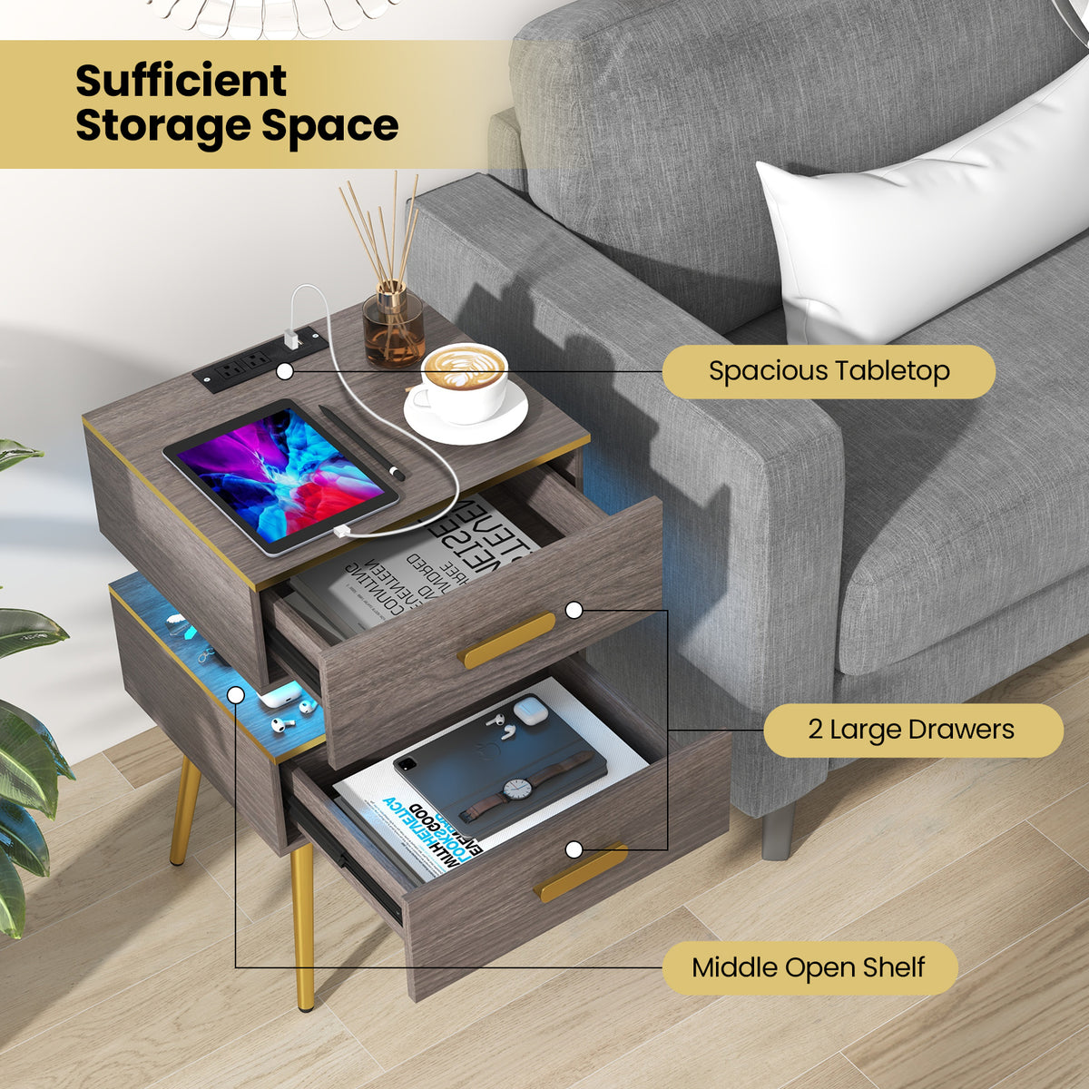 Nightstand with Charging Station, 2 Drawers & LED Lights - Gray