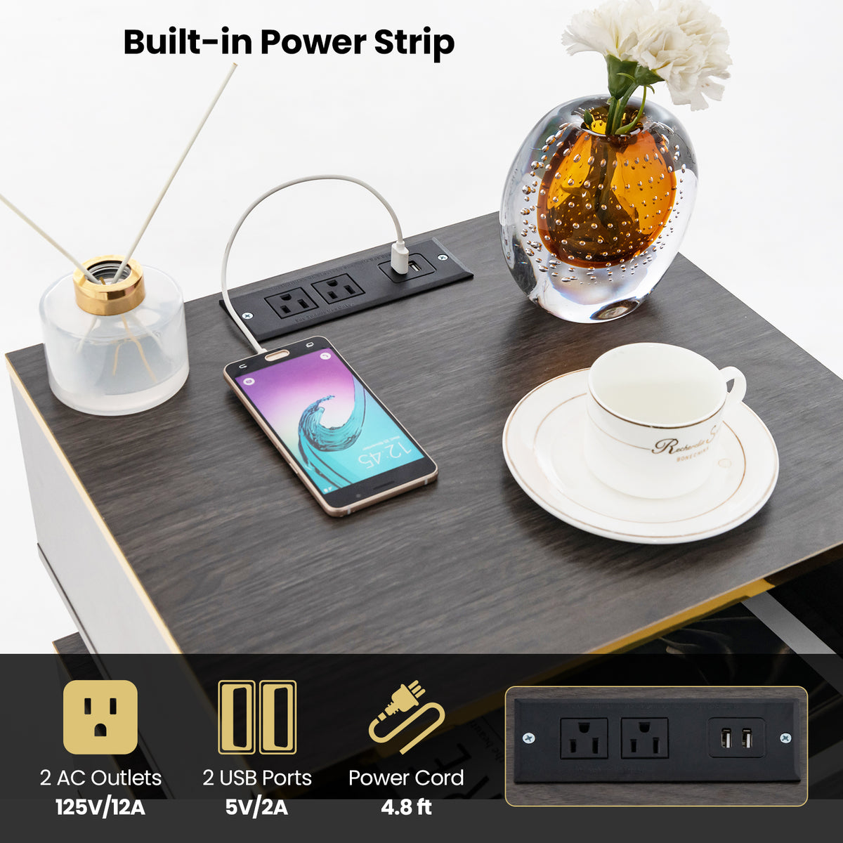 Nightstand with Charging Station, 2 Drawers & LED Lights - Gray