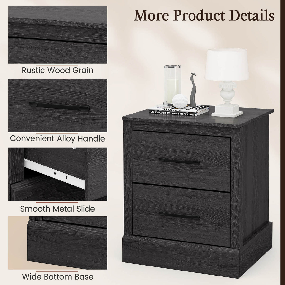 Wood Nightstand with Storage Drawers - Dark Gray