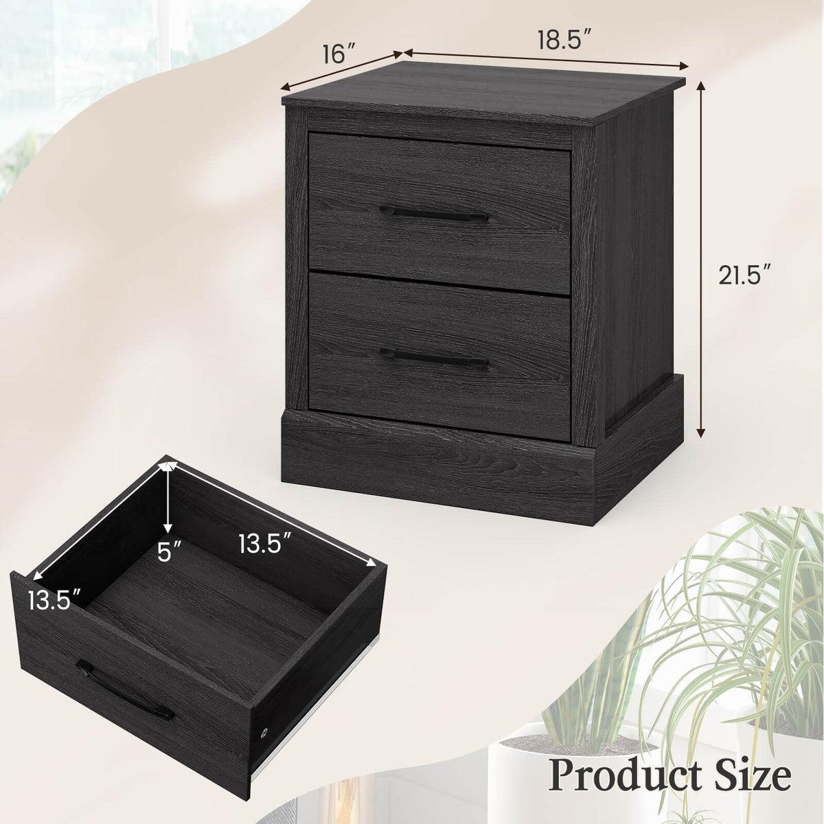 Wood Nightstand with 2 Storage Drawers - Dark Gray
