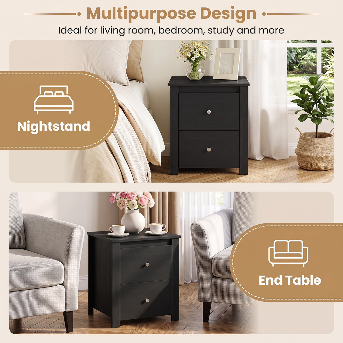 Nightstand with 2 Drawers & Storage – Black
