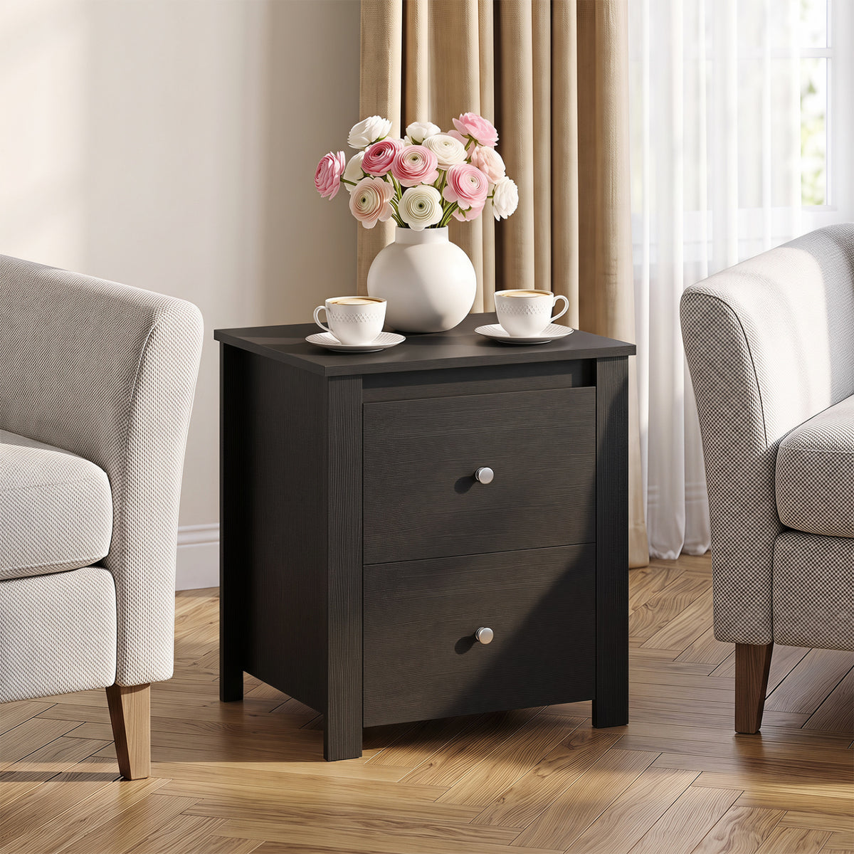 Nightstand with 2 Drawers & Storage – Black