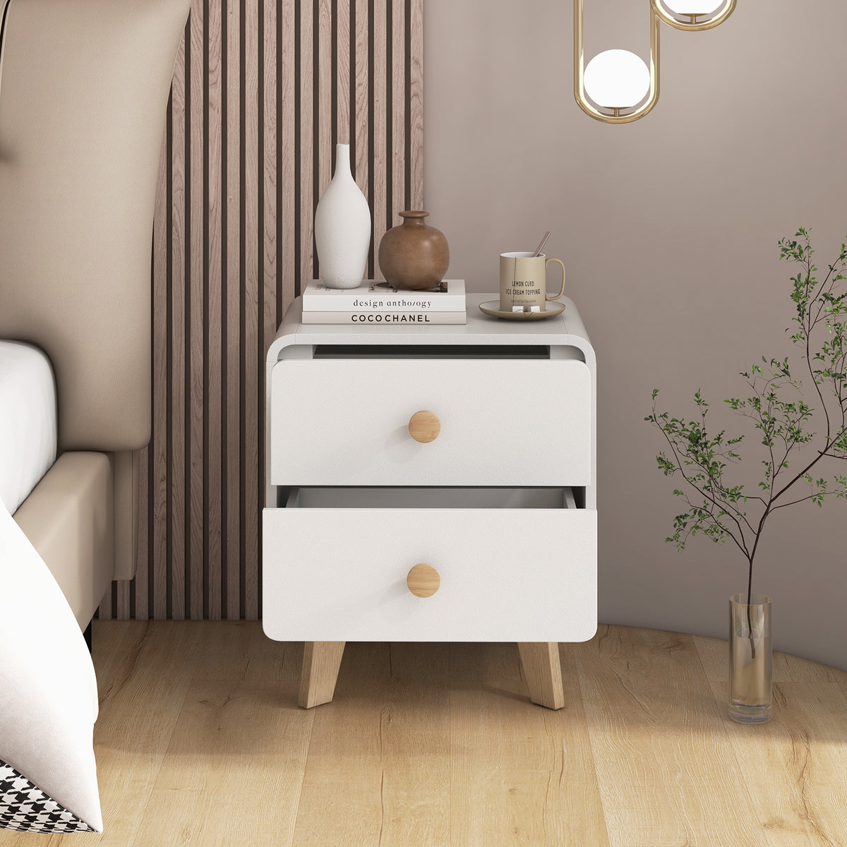 2-Drawer Nightstand with Rubber Wood Legs, Brown