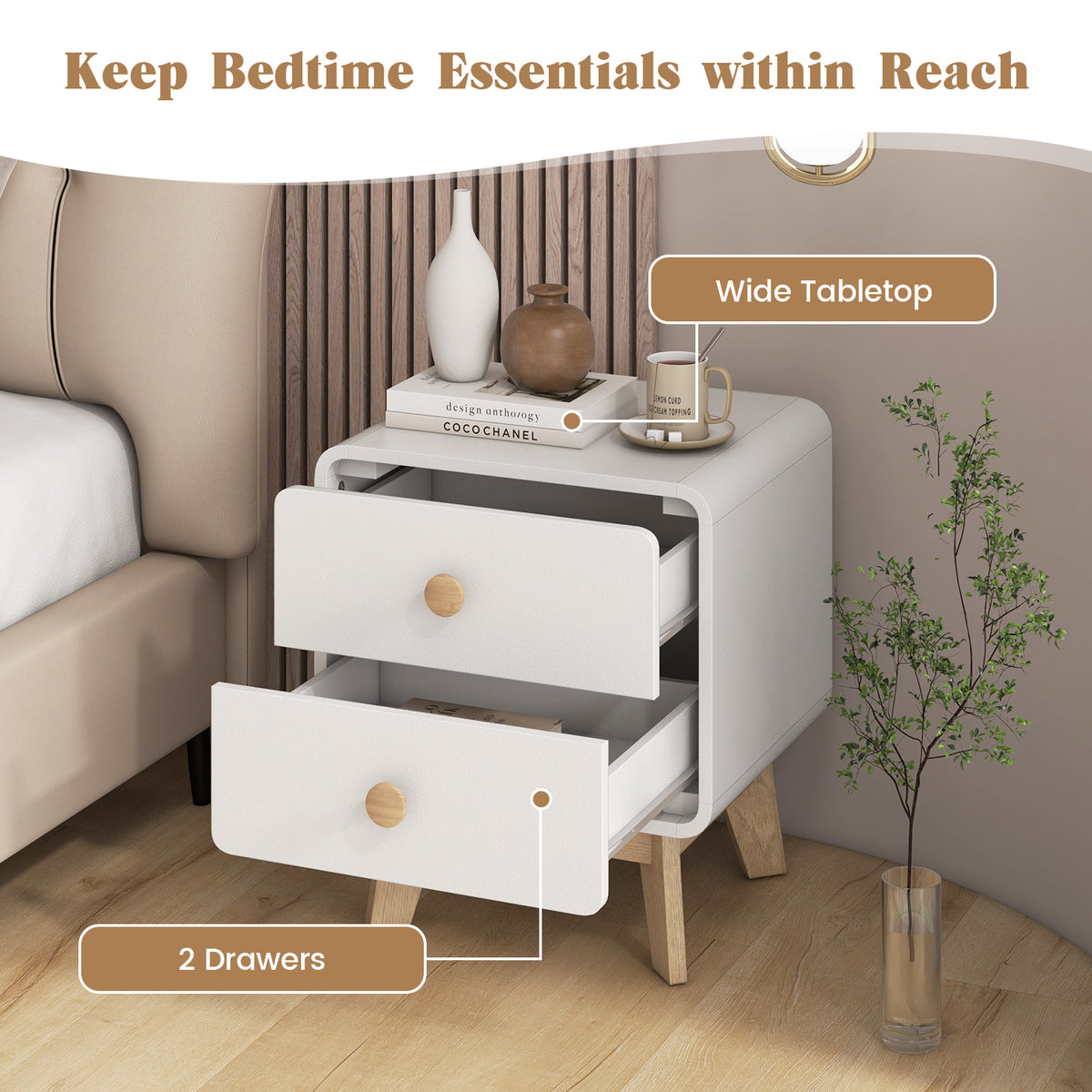 White 2-Drawer Nightstand with Rubber Wood Legs