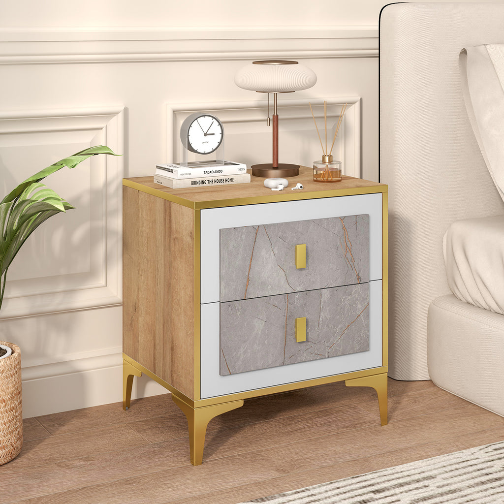 Nightstand with 2 Pull-Out Drawers – Marble Motif