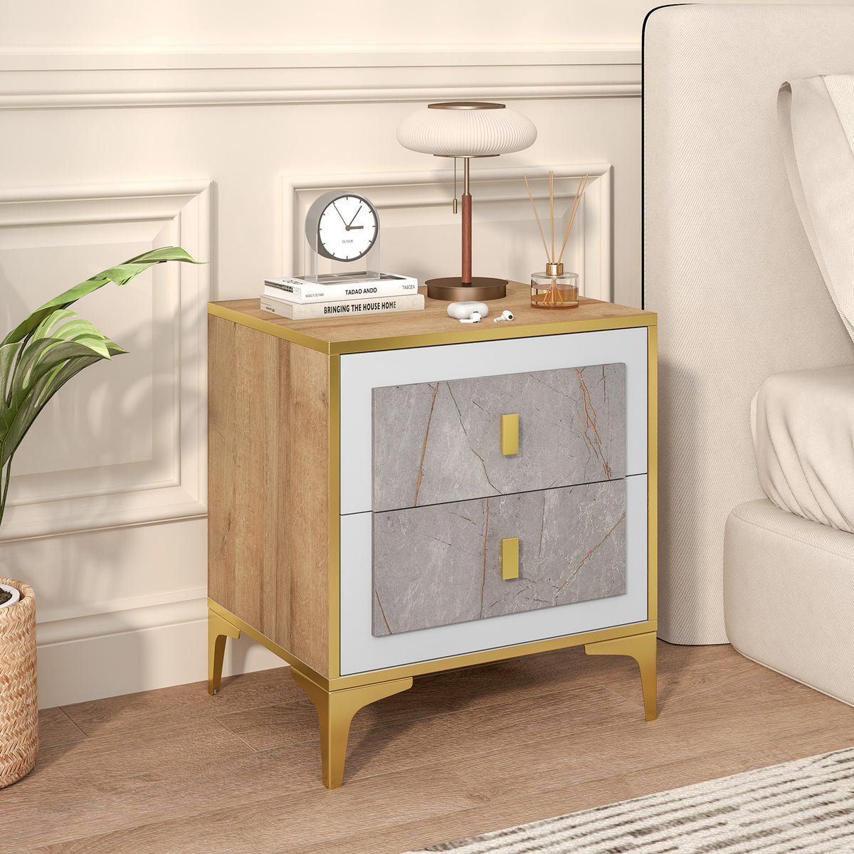 Nightstand with 2 Pull-Out Drawers – Marble Motif