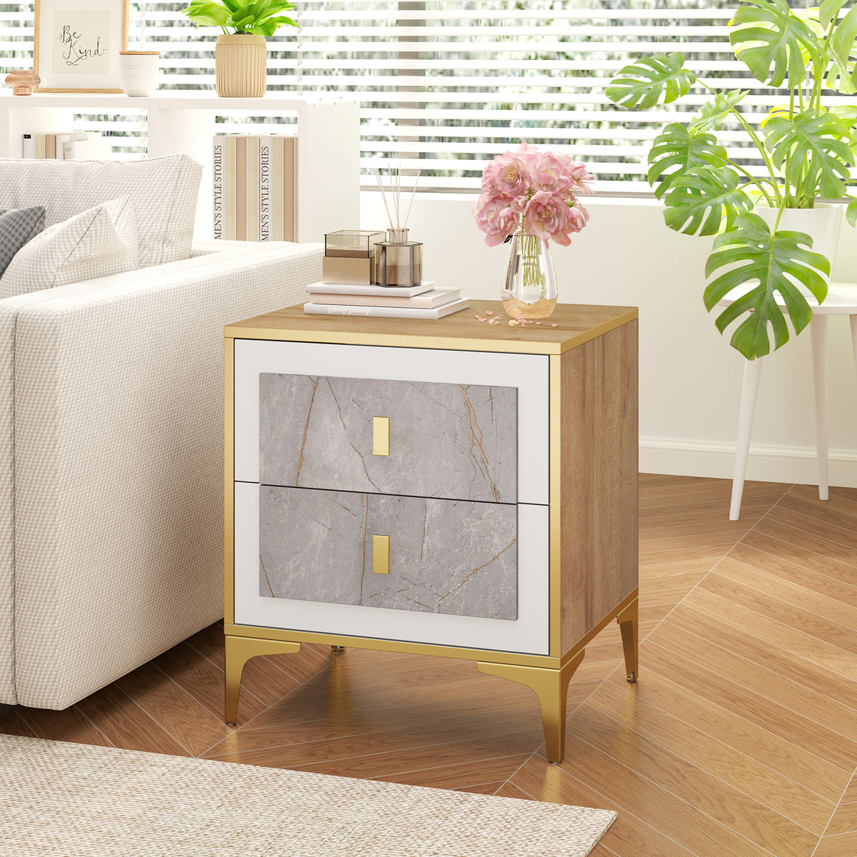 Nightstand with 2 Pull-Out Drawers – Marble Motif