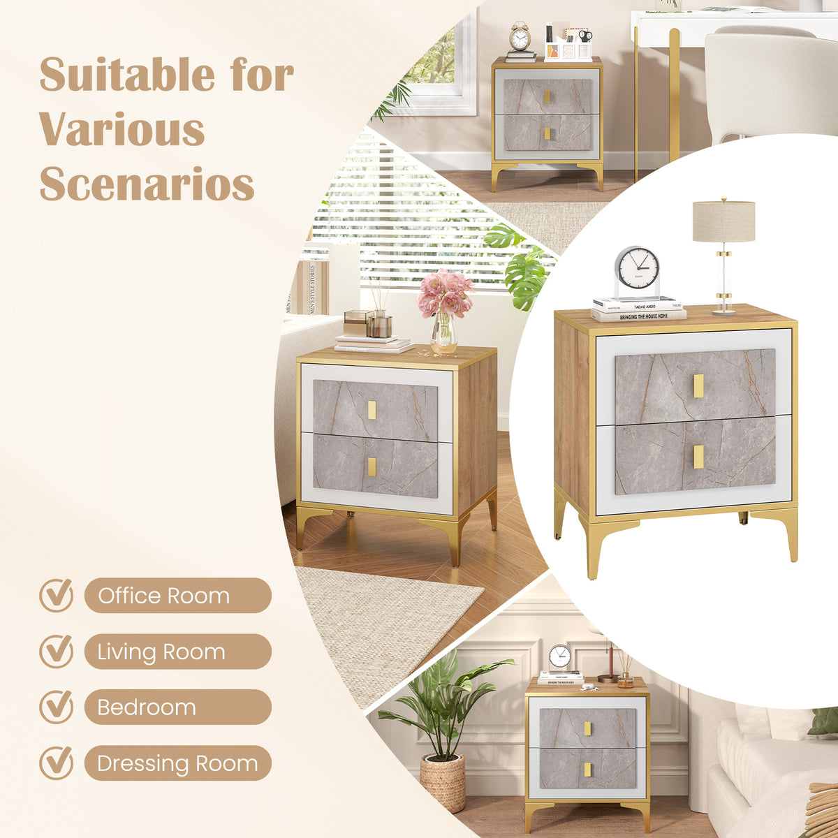 Nightstand with 2 Pull-Out Drawers – Marble Motif