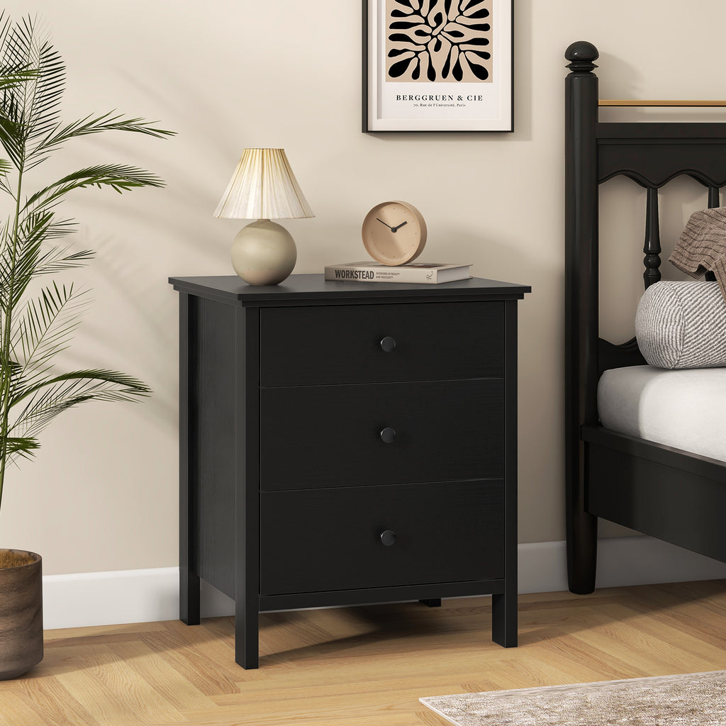 3-Drawer Wooden Nightstand, Black