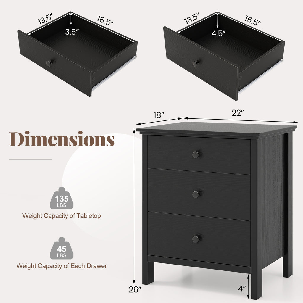 3-Drawer Wooden Nightstand, Black