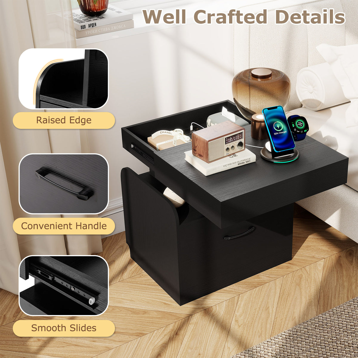 Nightstand with Charging Station Black