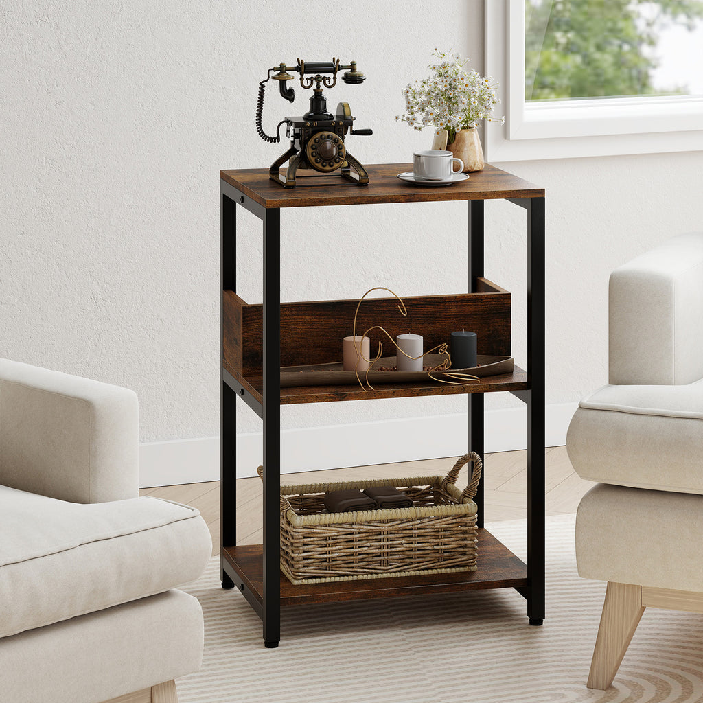 Side End Table with Charging Station and Open Shelves, Rustic Brown
