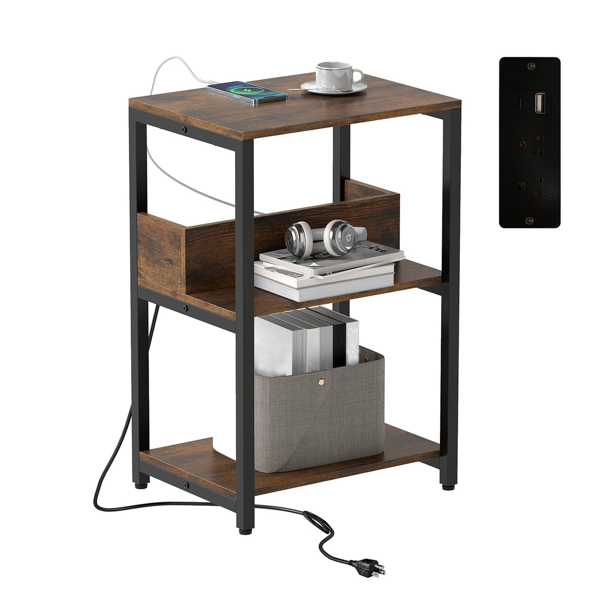 Record Player Stand with Charging Station, White Metal Frame