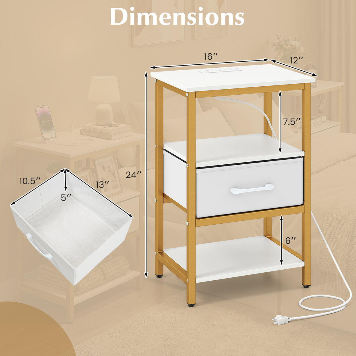 Nightstand with Charging Station and Fabric Drawer - 1 Piece