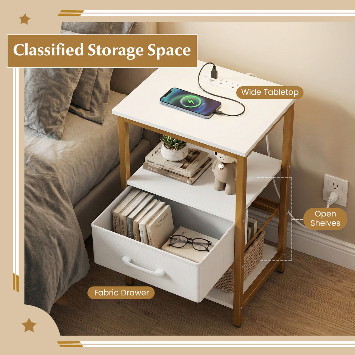 Nightstand with Charging Station and Fabric Drawer - 1 Piece