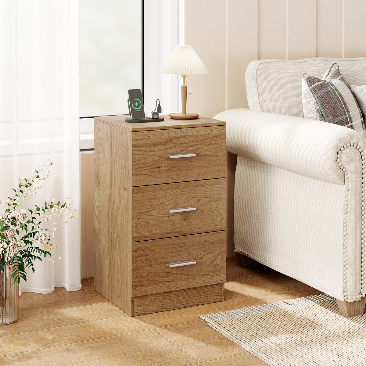 Nightstand with Charging Station & 3 Drawers - Natural