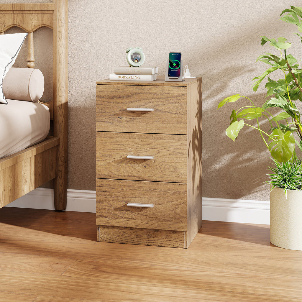 Nightstand with Charging Station & 3 Drawers - Natural