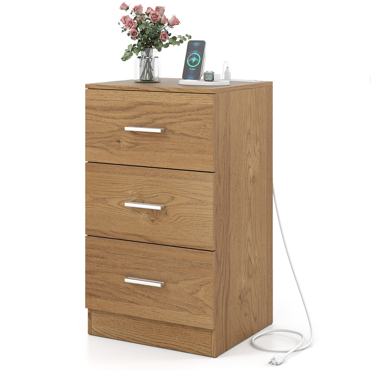 Nightstand with Charging Station & 3 Drawers - Natural