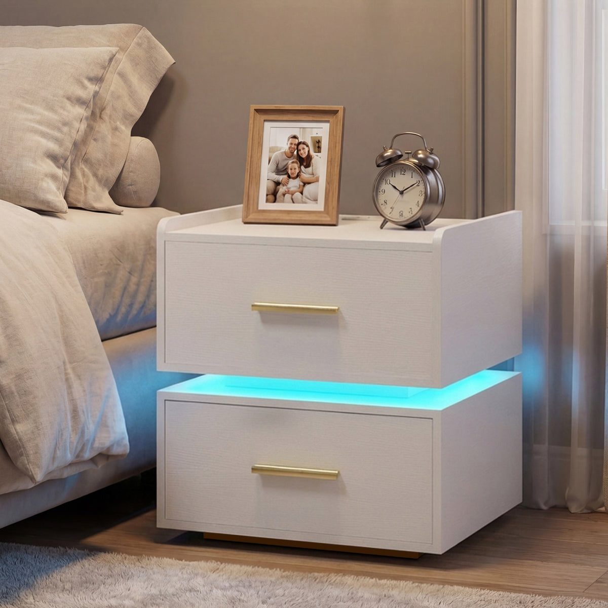 LED Nightstand with Charging Station & 2 Drawers - White