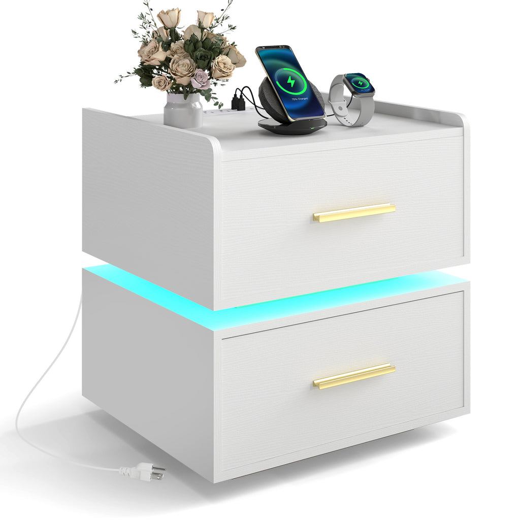 LED Nightstand with Charging Station & 2 Drawers - White