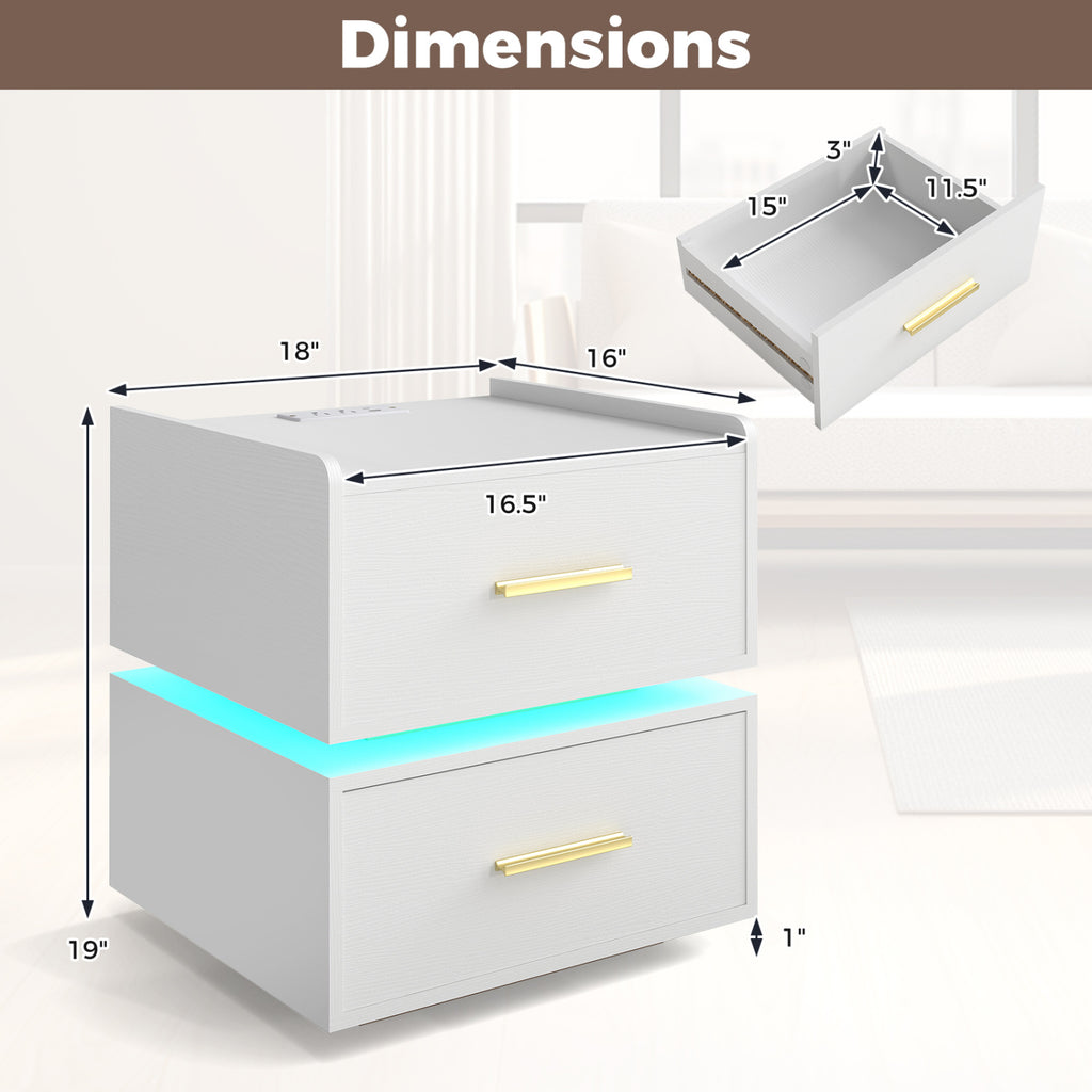 LED Nightstand with Charging Station & 2 Drawers, White