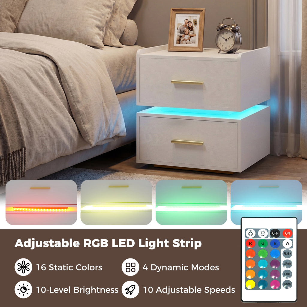 LED Nightstand with Charging Station & 2 Drawers, White