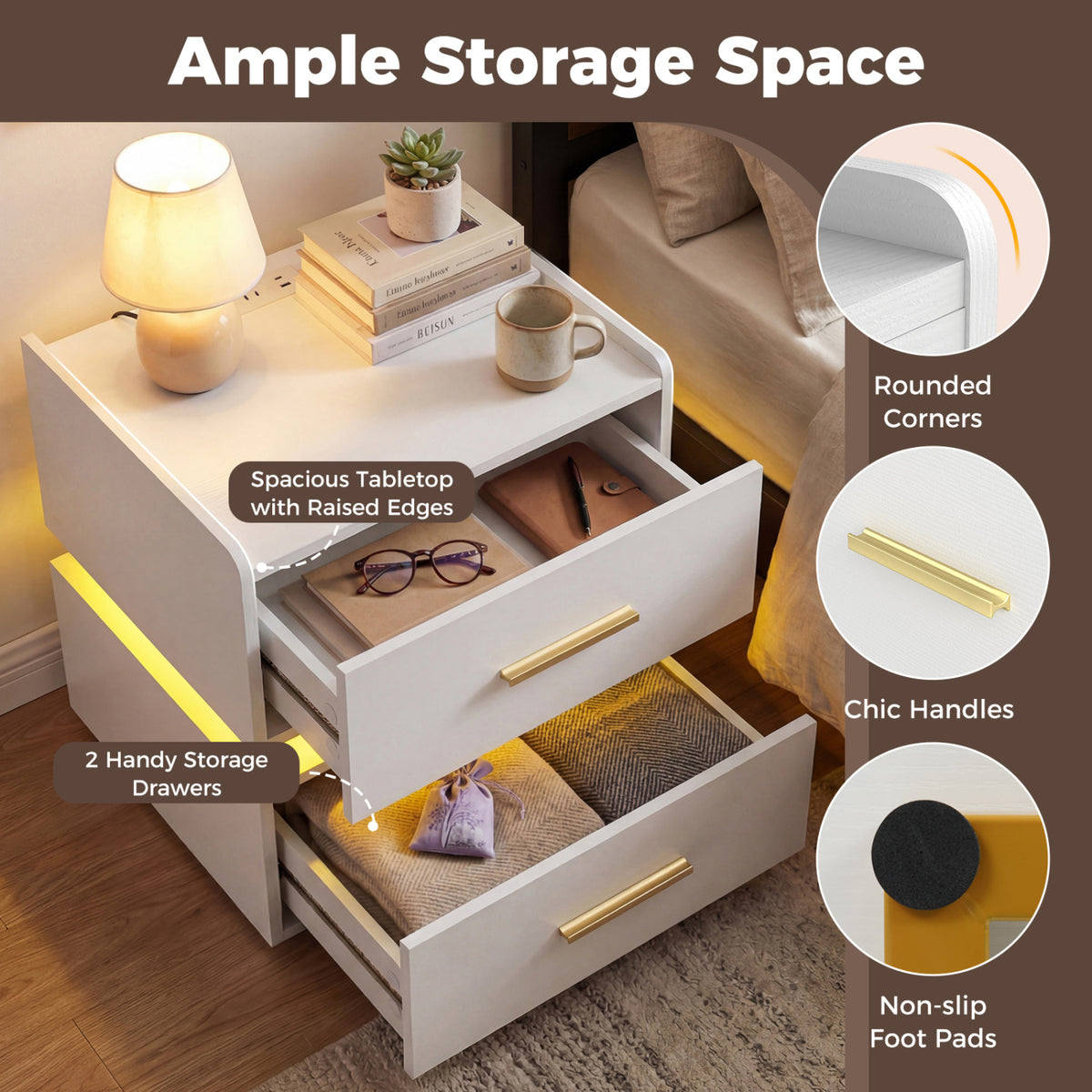 LED Nightstand with Charging Station & 2 Drawers - White