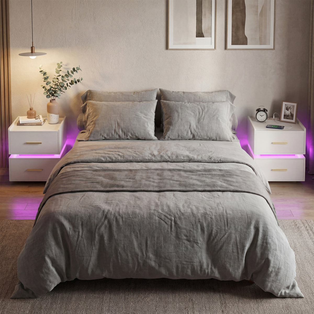 LED Nightstand with Charging Station & 2 Drawers - White