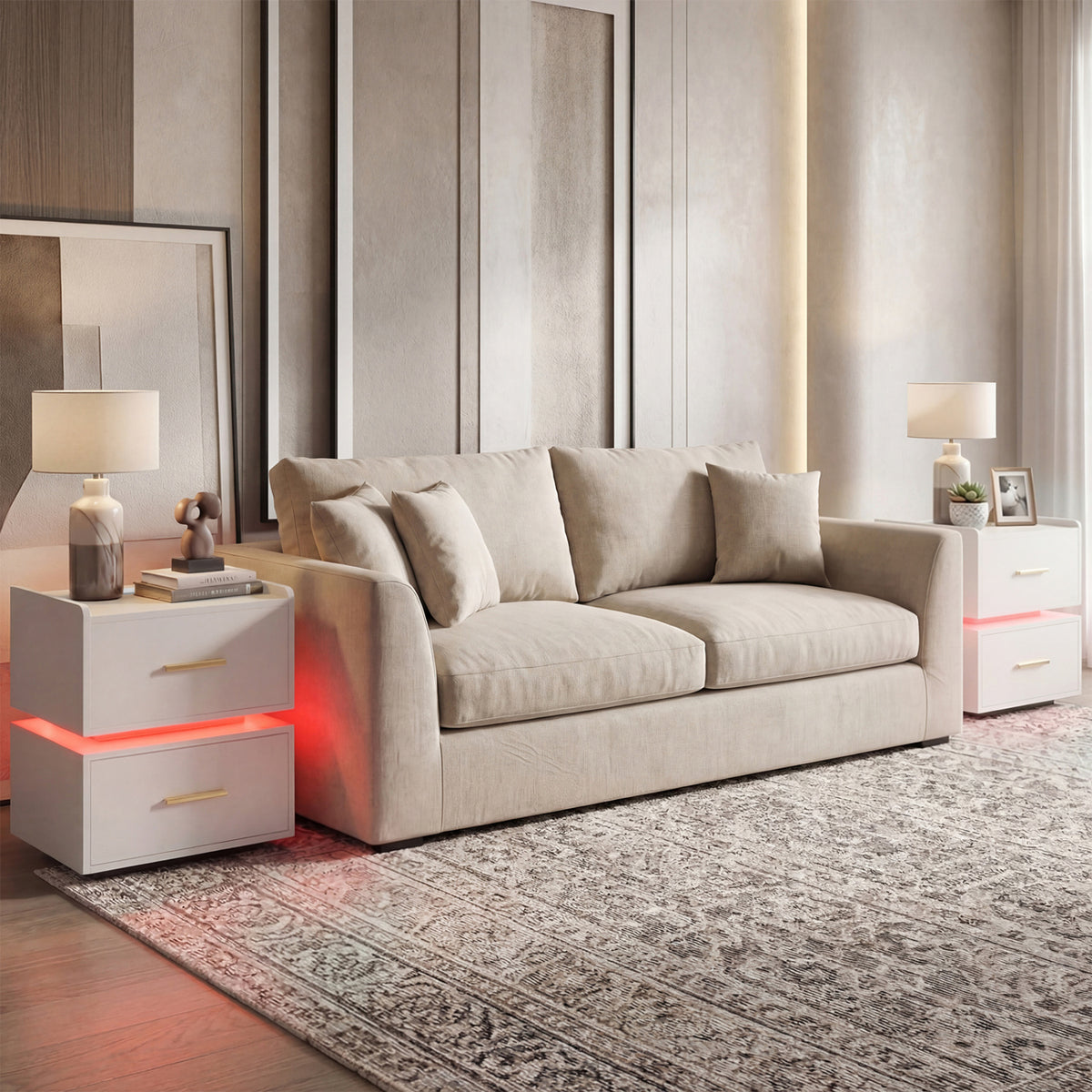 LED Nightstand with Charging Station & 2 Drawers - White