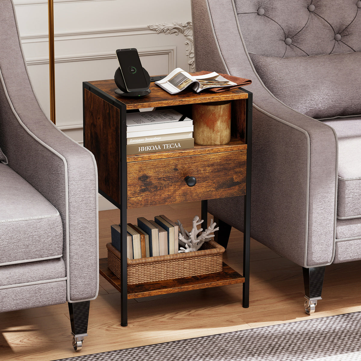 Nightstand with Charging Station, Rustic Brown