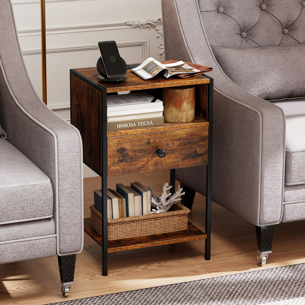 Nightstand with Charging Station, Rustic Brown