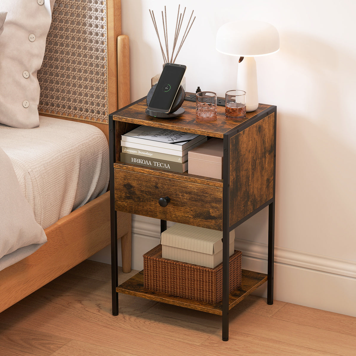 Nightstand with Charging Station, Rustic Brown