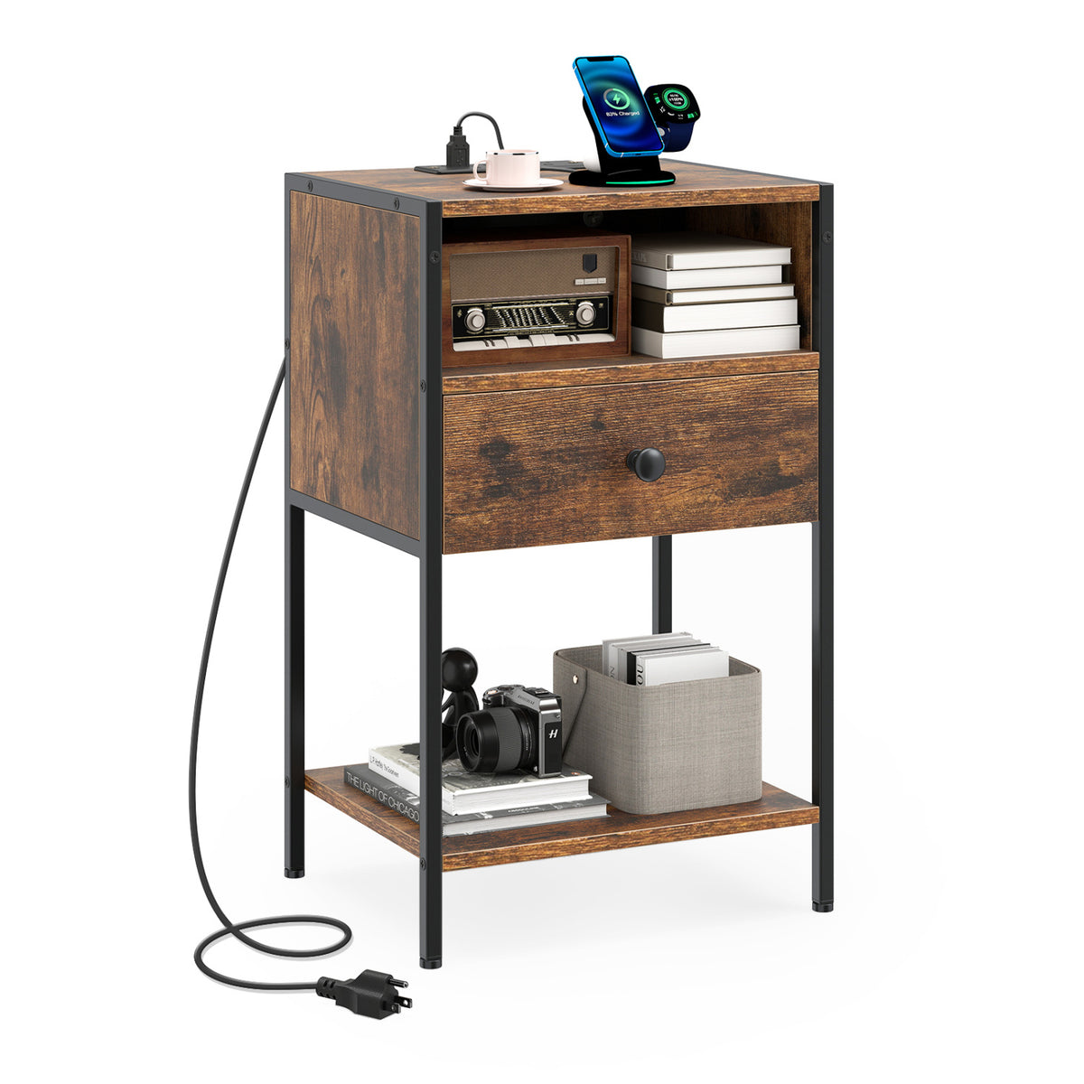Nightstand with Charging Station, Rustic Brown