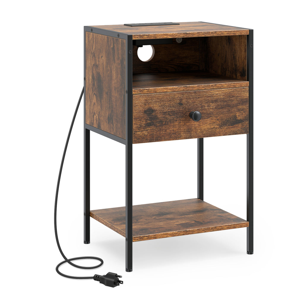 Nightstand with Charging Station, Rustic Brown