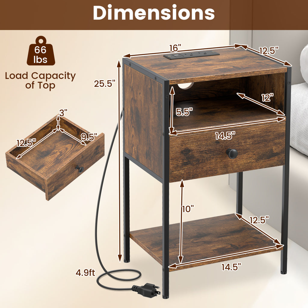 Nightstand with Charging Station, Rustic Brown