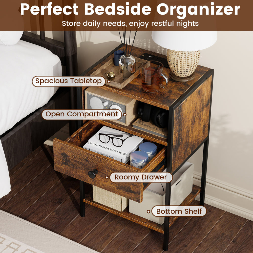 Nightstand with Charging Station, Rustic Brown