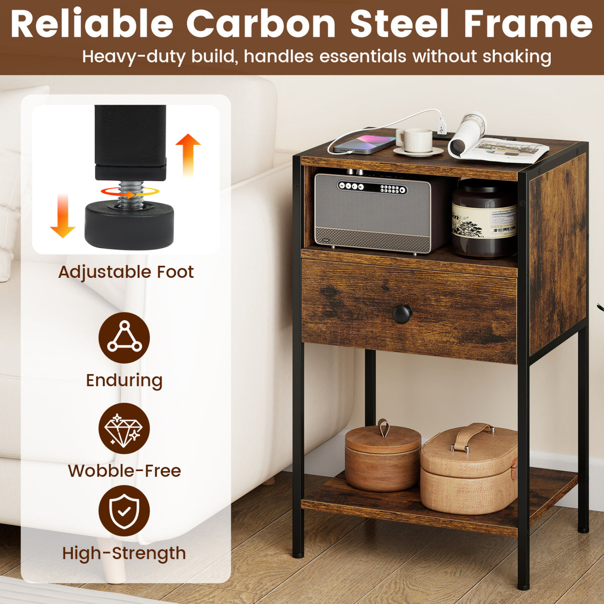 Nightstand with Charging Station, Rustic Brown