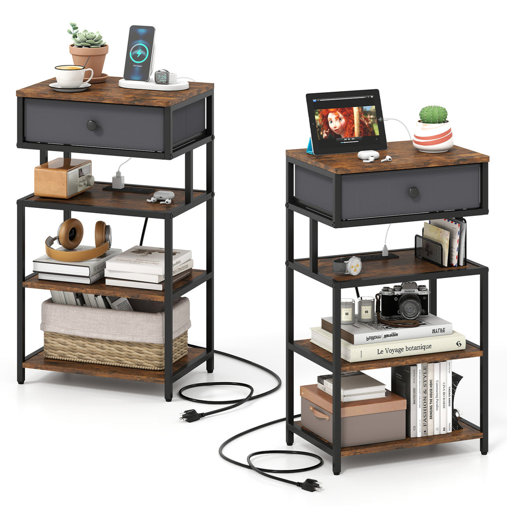 Nightstand with Charging Station Set of 2, 28 Inch, Rustic Brown