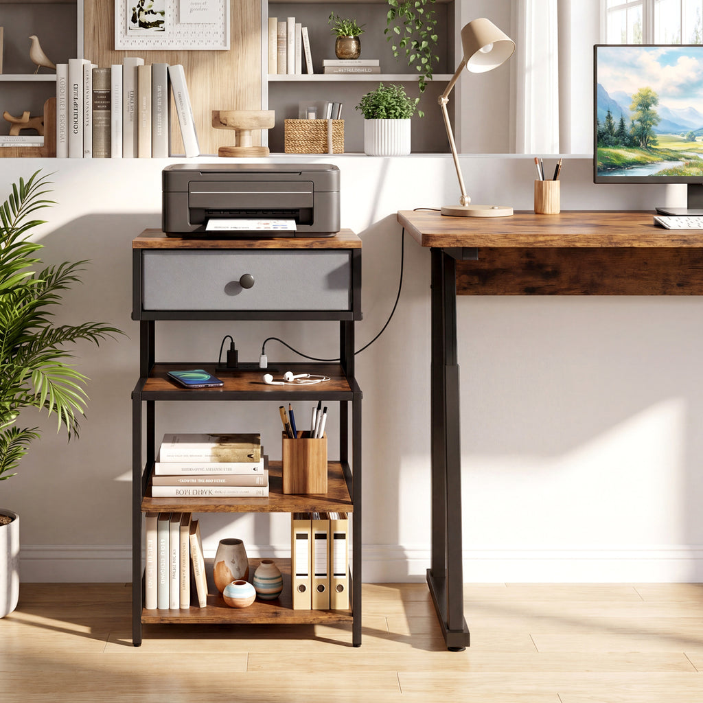 Nightstand with Charging Station 28in Tall Bedside Table - Rustic Brown