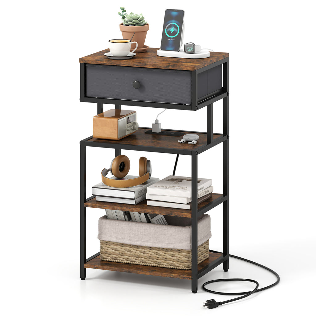 Nightstand with Charging Station 28in Tall Bedside Table - Rustic Brown