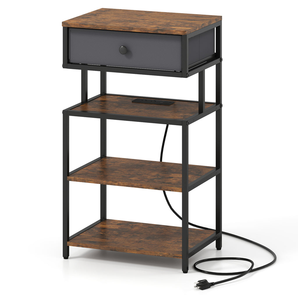 Nightstand with Charging Station 28in Tall Bedside Table - Rustic Brown