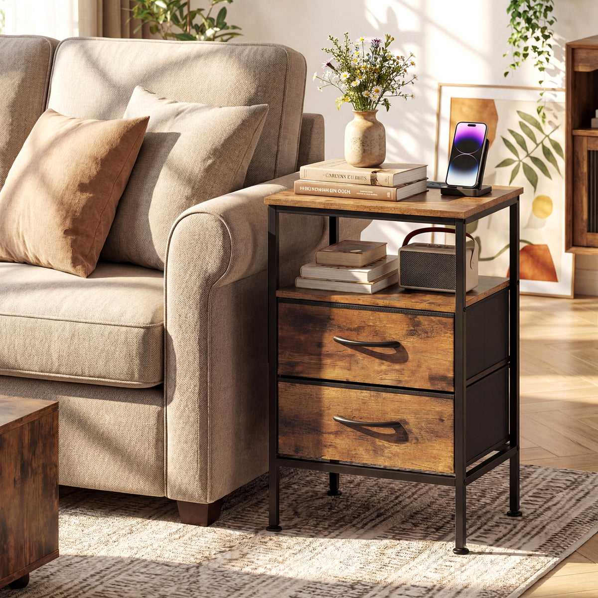 Nightstand with Charging Station 24.5" - Rustic Brown