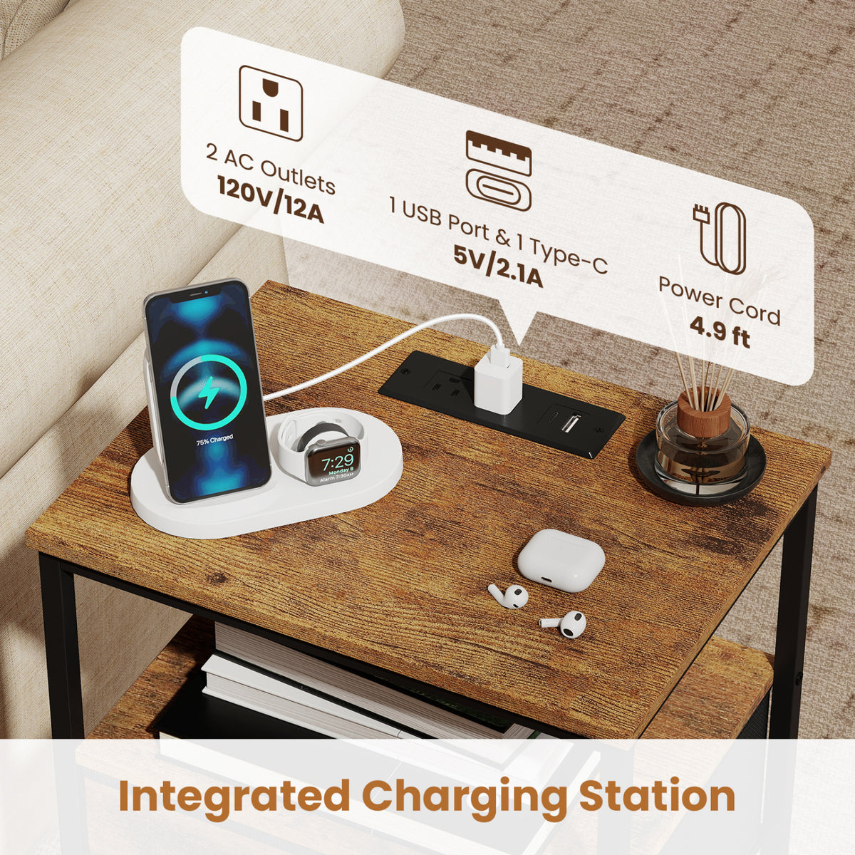 Nightstand with Charging Station 24.5" - Rustic Brown