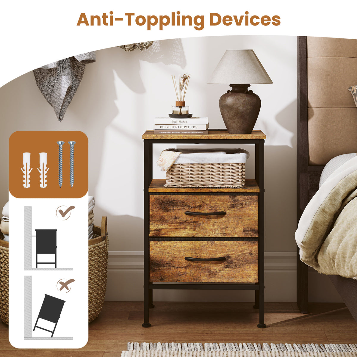 Nightstand with Charging Station 24.5" - Rustic Brown