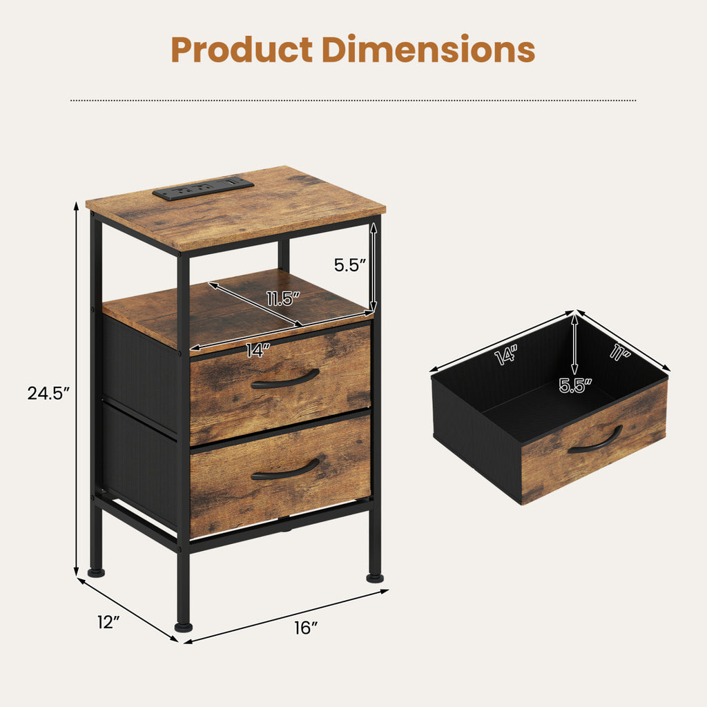 Nightstand with Charging Station 24.5" - Rustic Brown